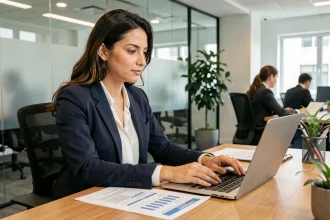 Comptable femme en entreprise analysant des rapports financiers à son bureau en 2026