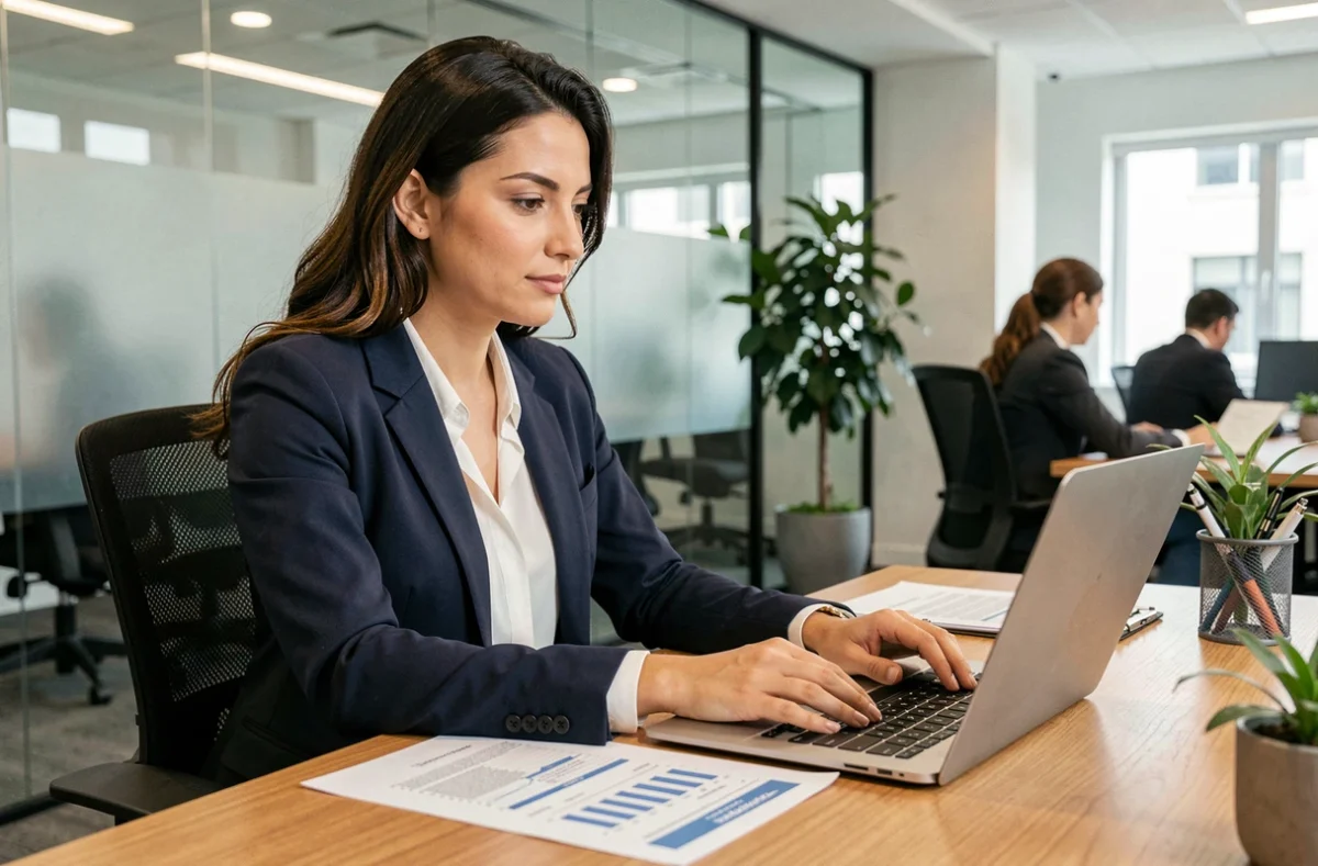 Comptable femme en entreprise analysant des rapports financiers à son bureau en 2026