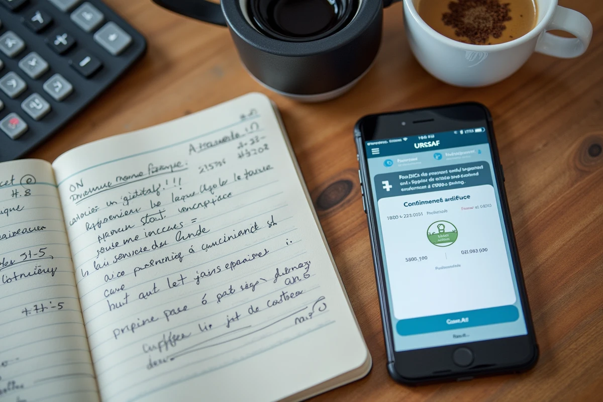 Vue aérienne d'un bureau avec smartphone affichant la confirmation de paiement URSSAF, carnet de notes et calculatrice