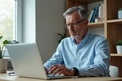 Homme en chemise bleue bloqué lors de la connexion à son espace Cyberplus Banque Populaire Sud Ouest sur un ordinateur portable