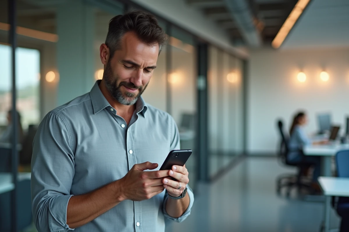 Homme utilisant son smartphone pour se connecter à LCL avec une authentification renforcée en entreprise