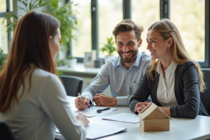 Couple discutant avec un conseiller immobilier dans un bureau lumineux