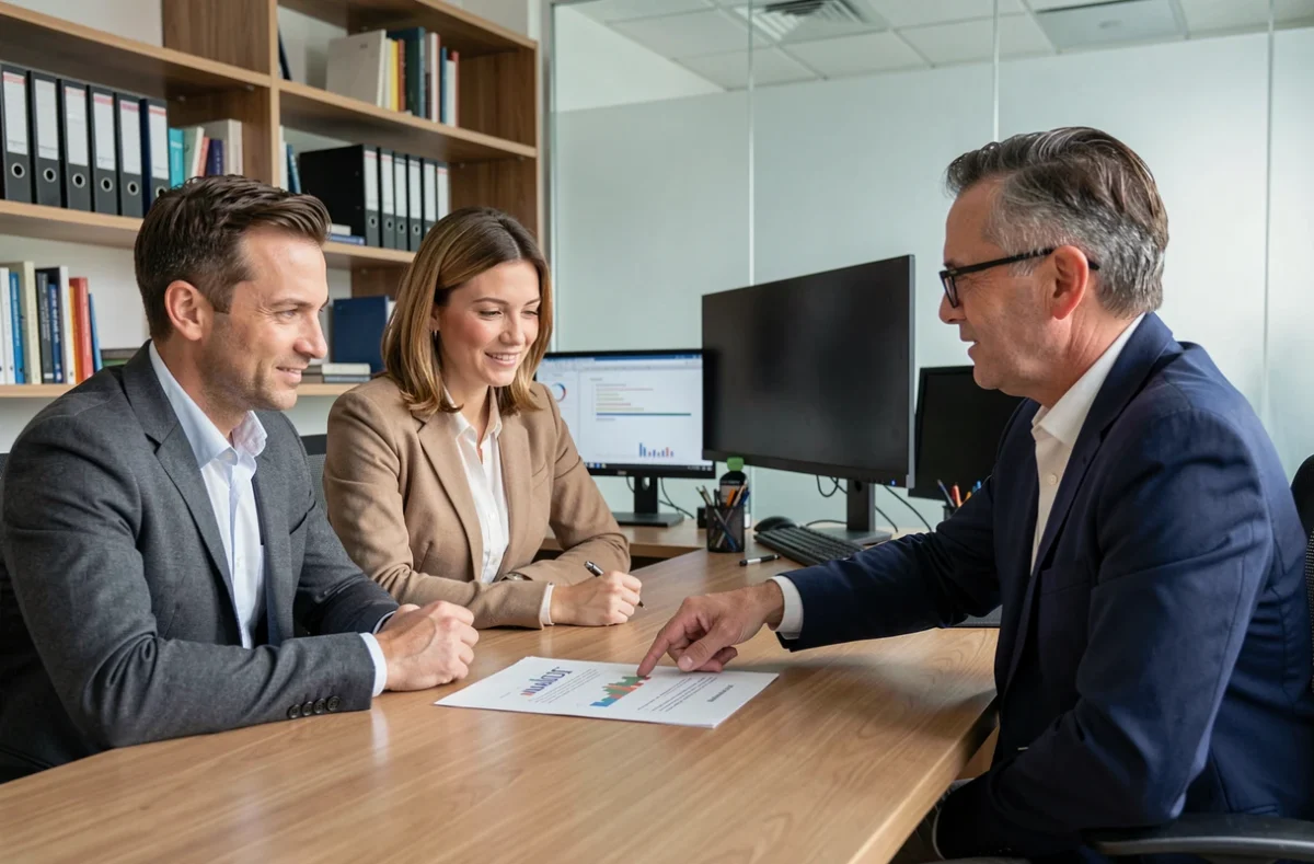 Couple discutant d'un projet de financement avec un conseiller financier en agence