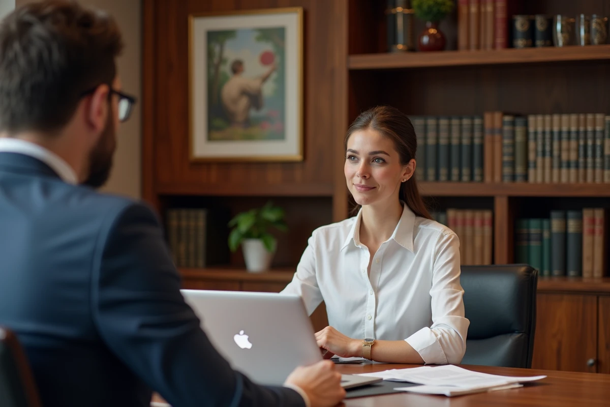 Jeune professionnelle en réunion avec un conseiller financier dans un bureau de banque privée parisienne pour discuter d'un placement EPA CDI