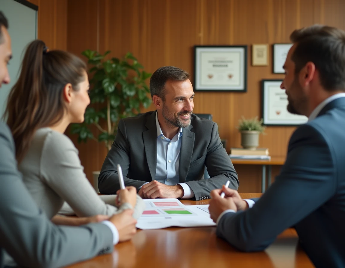 Conseiller en assurances en réunion avec des clients dans une salle de conférence professionnelle