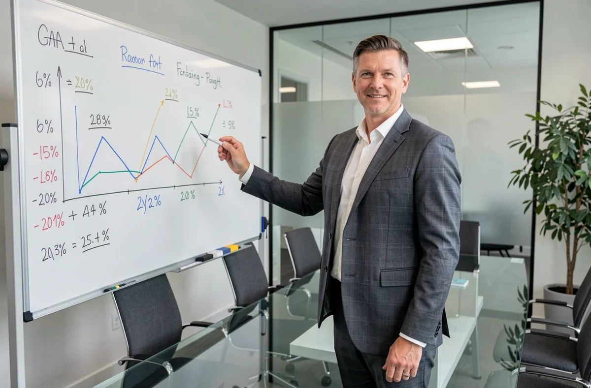 Conseiller financier présentant les meilleures SCPI en assurance vie sur tableau blanc en salle de réunion