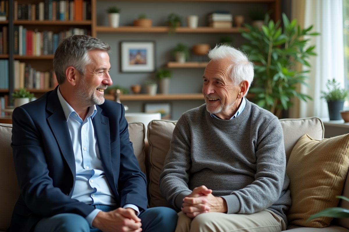 Jeune conseiller parlant avec un homme âgé dans un salon chaleureux