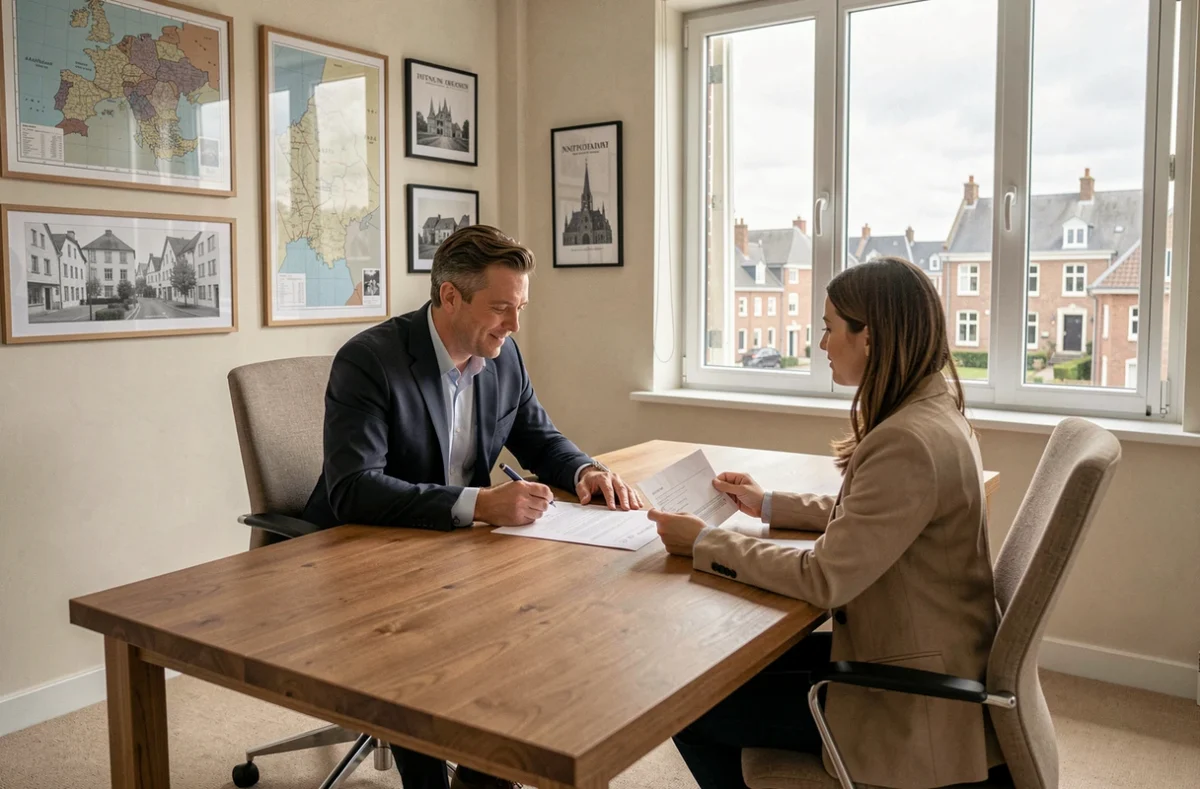 Conseiller en investissement locatif en Normandie présentant des opportunités immobilières à des clients dans un bureau moderne