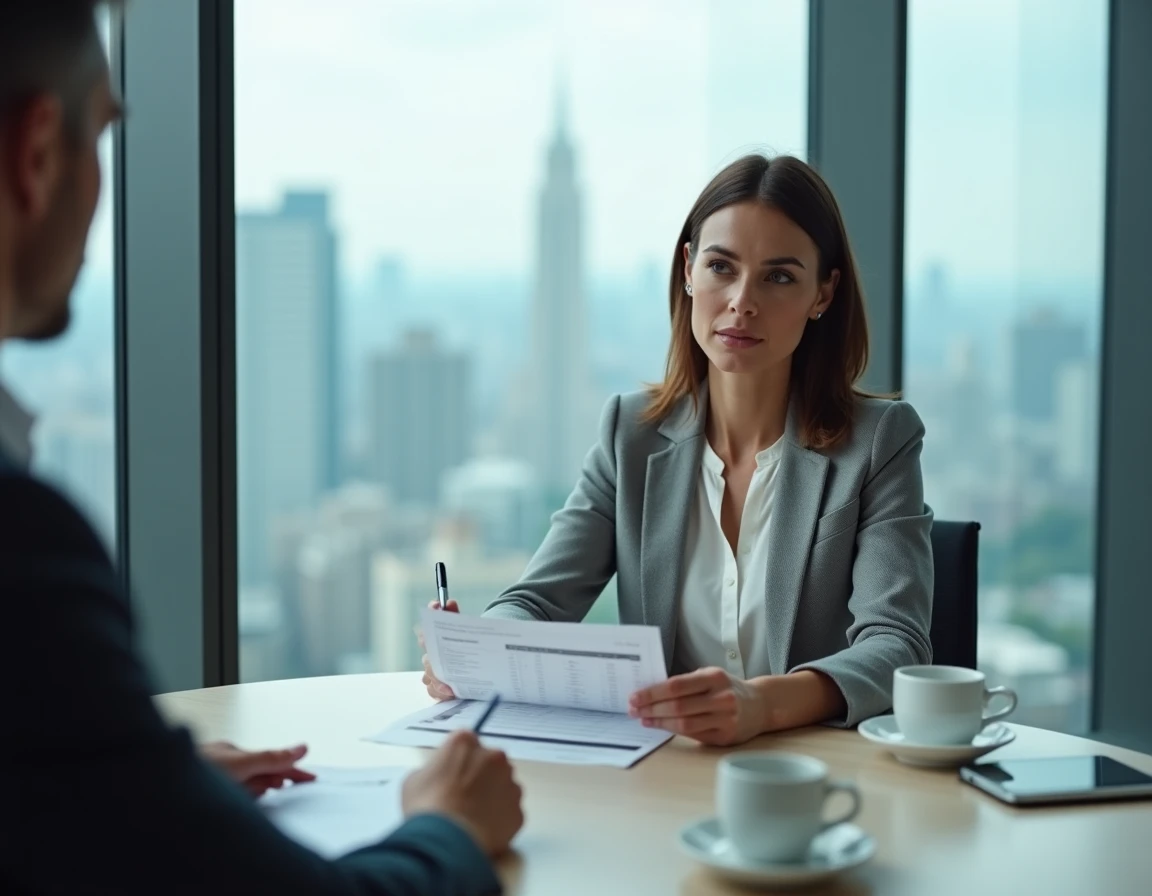 Femme consultant un conseiller financier avec un graphique comparatif des options fiscales, abordant la flat tax et les dispositifs de défiscalisation immobilière