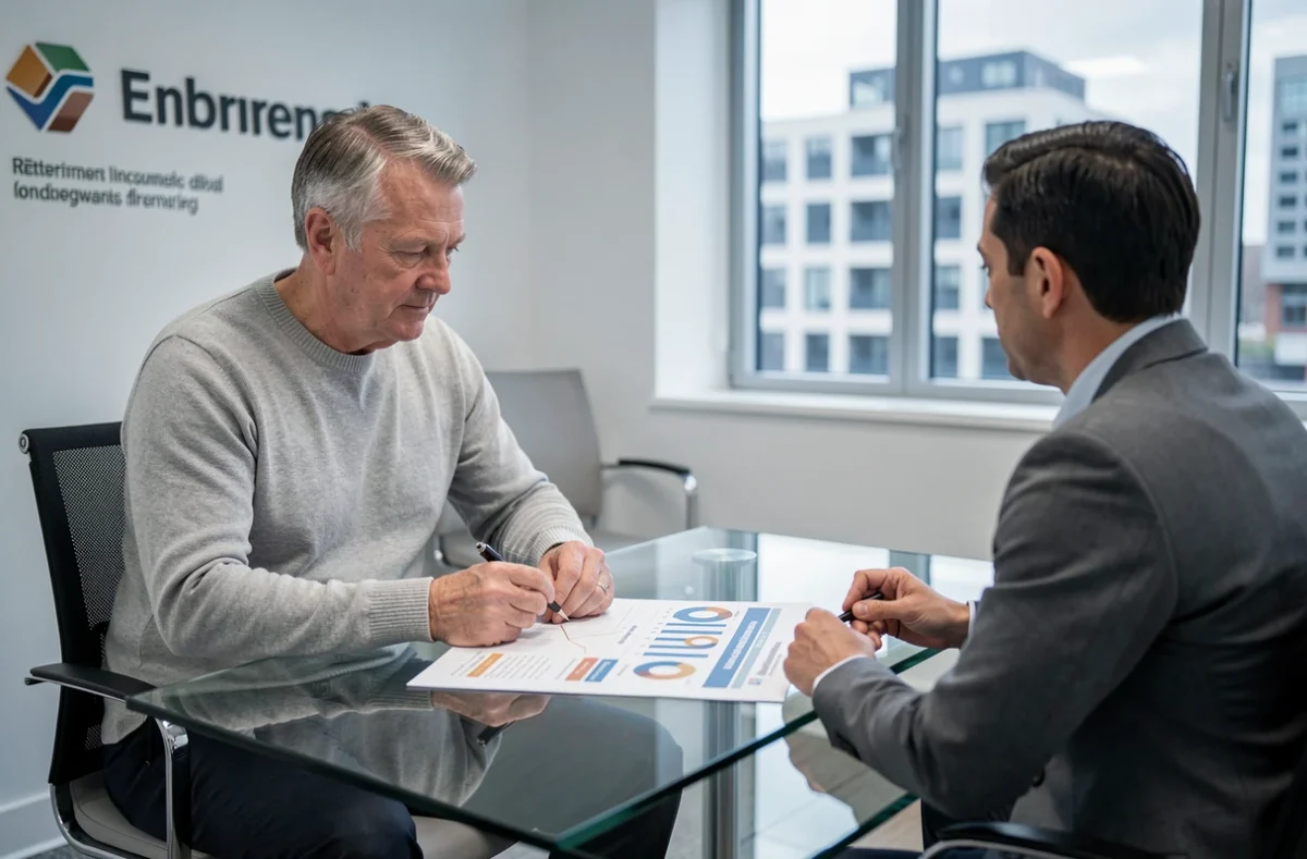 Homme proche de la retraite en réunion avec un conseiller financier pour anticiper la baisse de revenus après la cessation d'activité