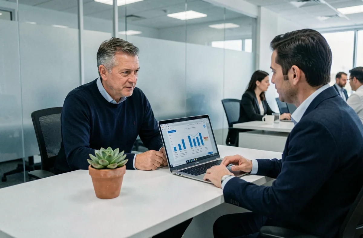 Homme consultant un conseiller en mutuelle santé dans une agence d'assurance moderne