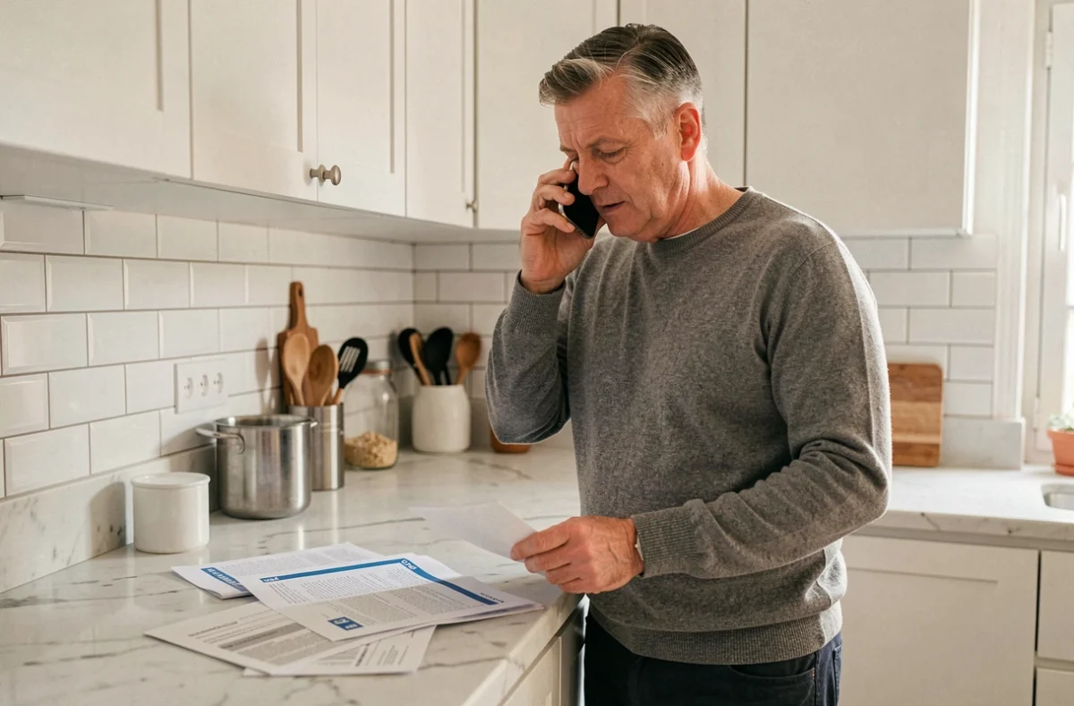 Homme contactant Cesu Urssaf par téléphone pour clôturer son compte employeur, entouré de documents administratifs