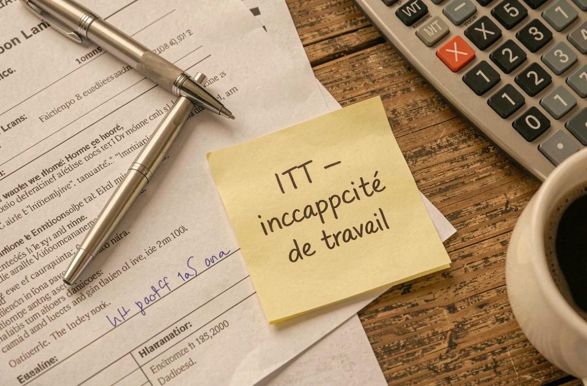 Vue aérienne d'un bureau avec un contrat de prêt immobilier, une calculatrice et une note manuscrite sur la garantie ITT