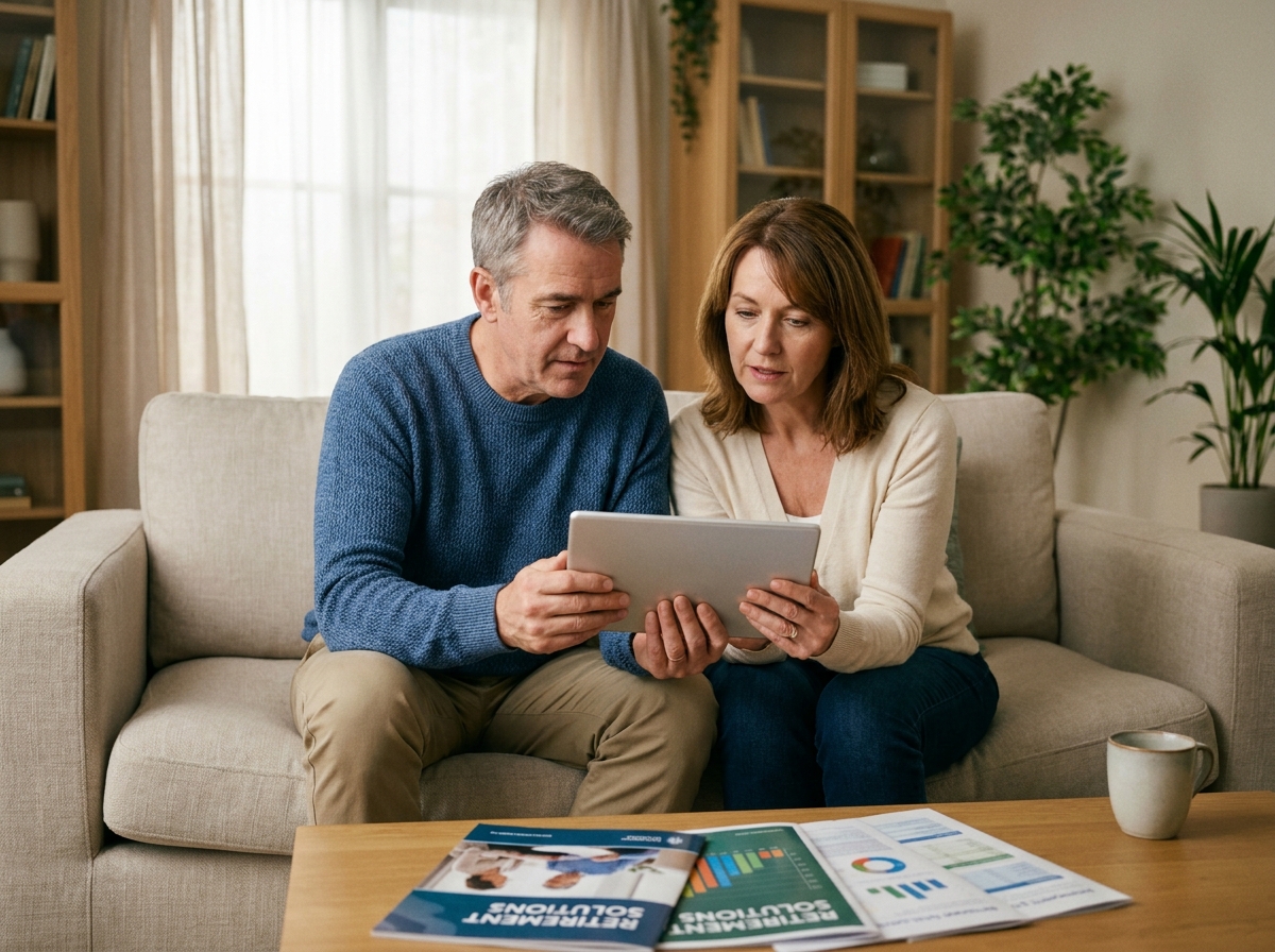 Couple analysant les performances de leur assurance-vie sur tablette dans leur salon