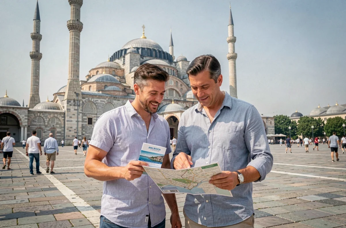 Couple de voyageurs devant la Mosquée Bleue d'Istanbul tenant des documents d'assurance voyage