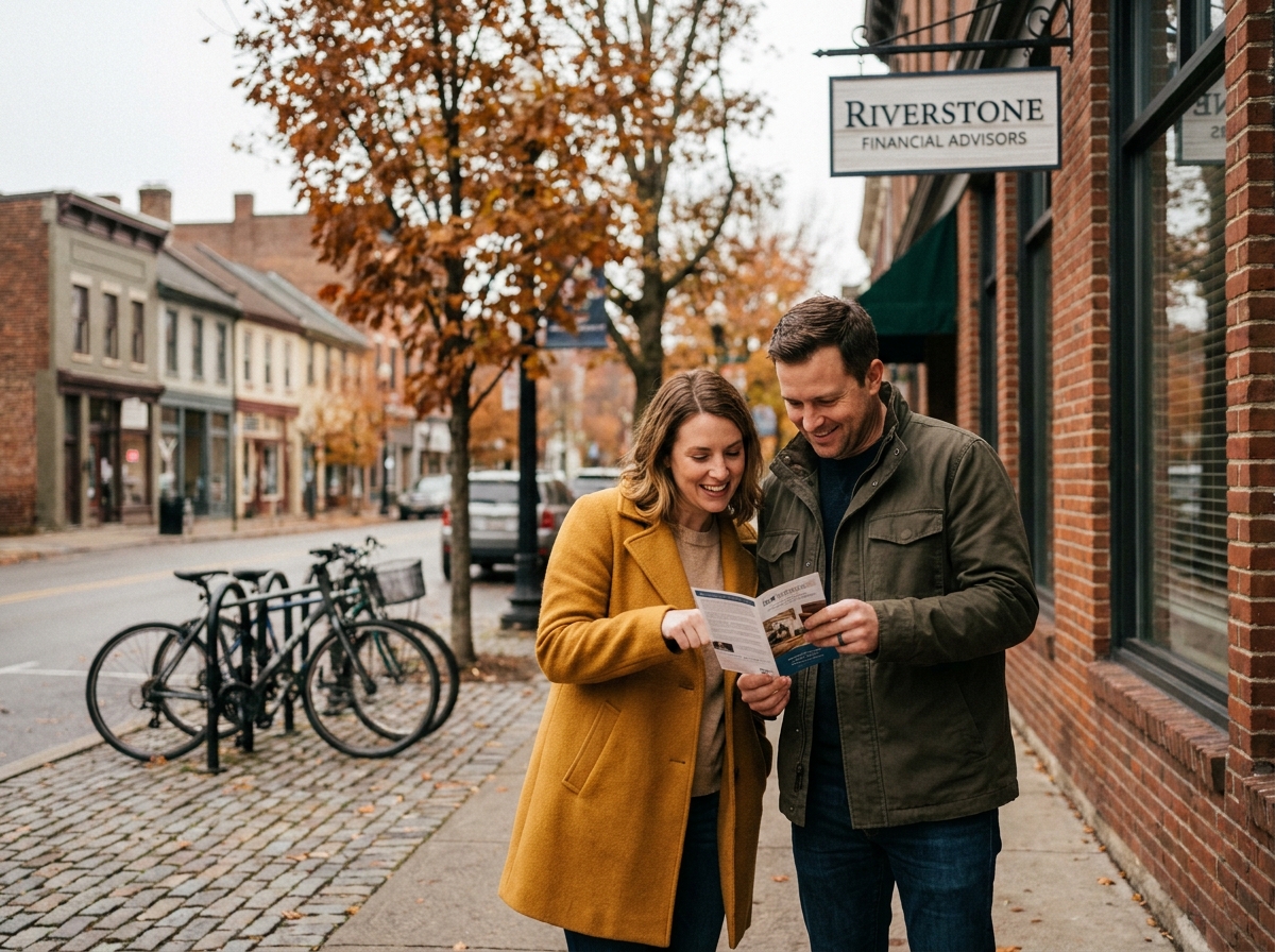 Couple consultant une brochure de banque alternative devant un cabinet de conseil financier indépendant