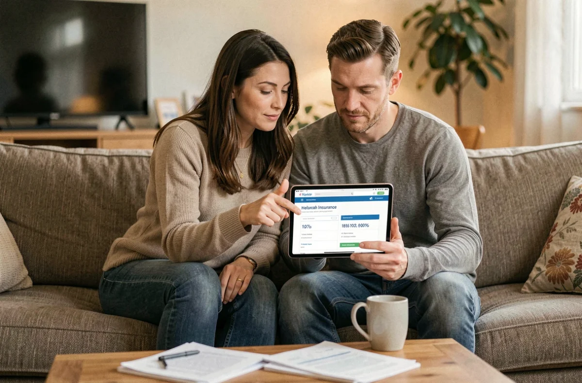 Couple comparant des offres de mutuelle santé sur une tablette dans leur salon