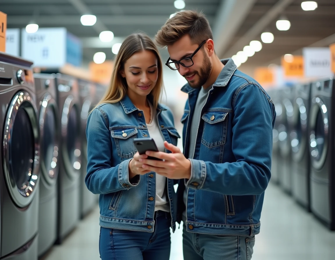 Couple comparant les options de paiement en plusieurs fois sans frais sur smartphone dans un rayon électroménager Boulanger