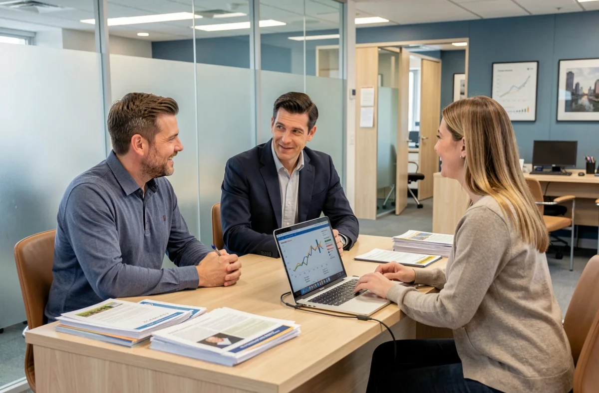 Couple en rendez-vous bancaire pour comparer les offres d'assurance emprunteur