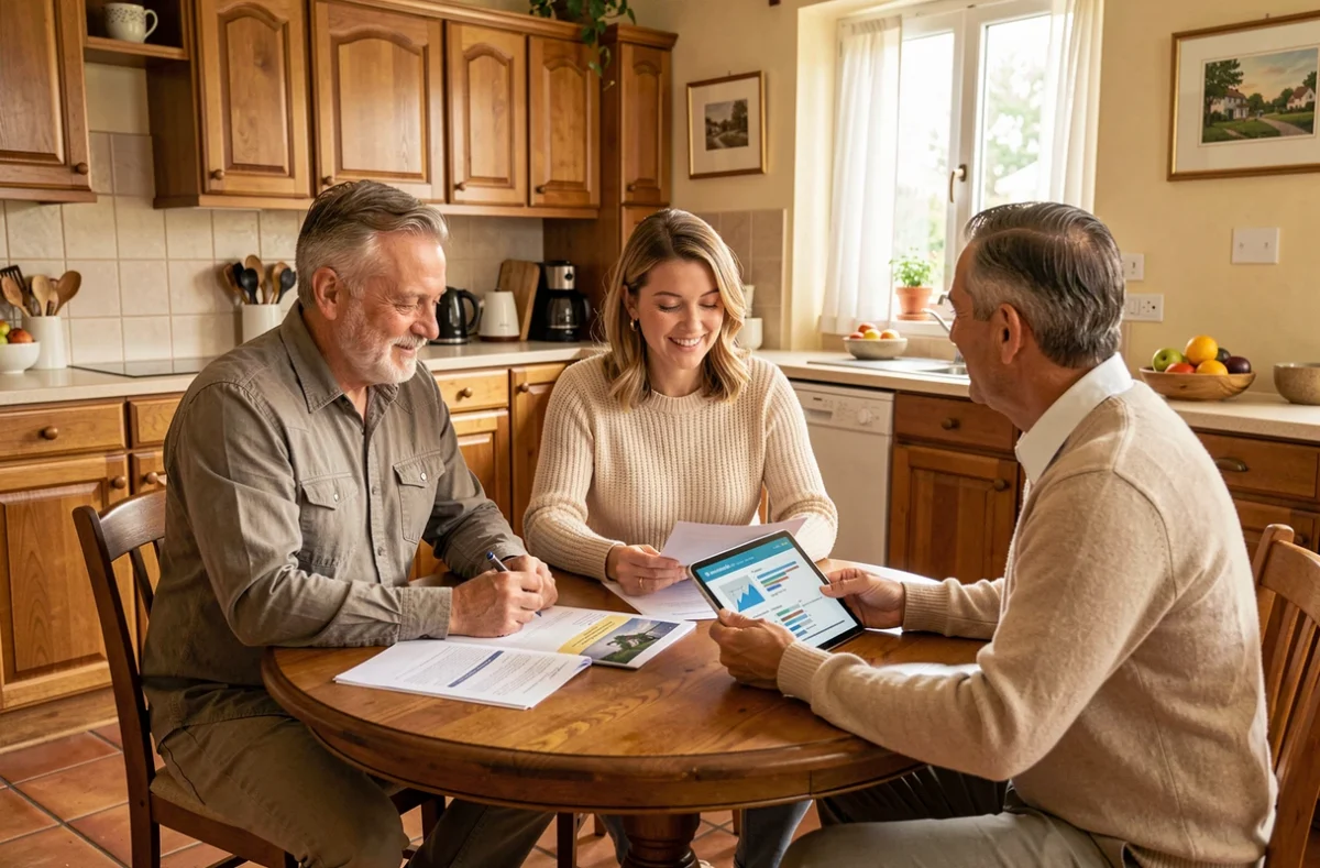 Couple discutant d'un investissement SCPI en assurance vie avec un conseiller financier à domicile