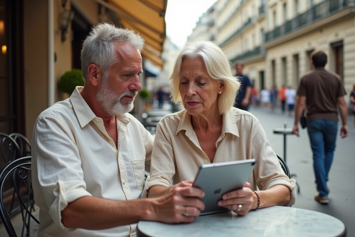 Couple consultant leurs services bancaires LCL sur une tablette en terrasse de café à Paris