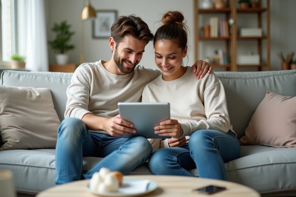 Couple gérant leurs finances et consultant leurs comptes bancaires sur une tablette dans leur salon