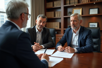 Couple d'adultes en réunion avec un notaire dans un bureau moderne