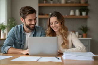 Couple souriant à la maison avec documents et ordinateur