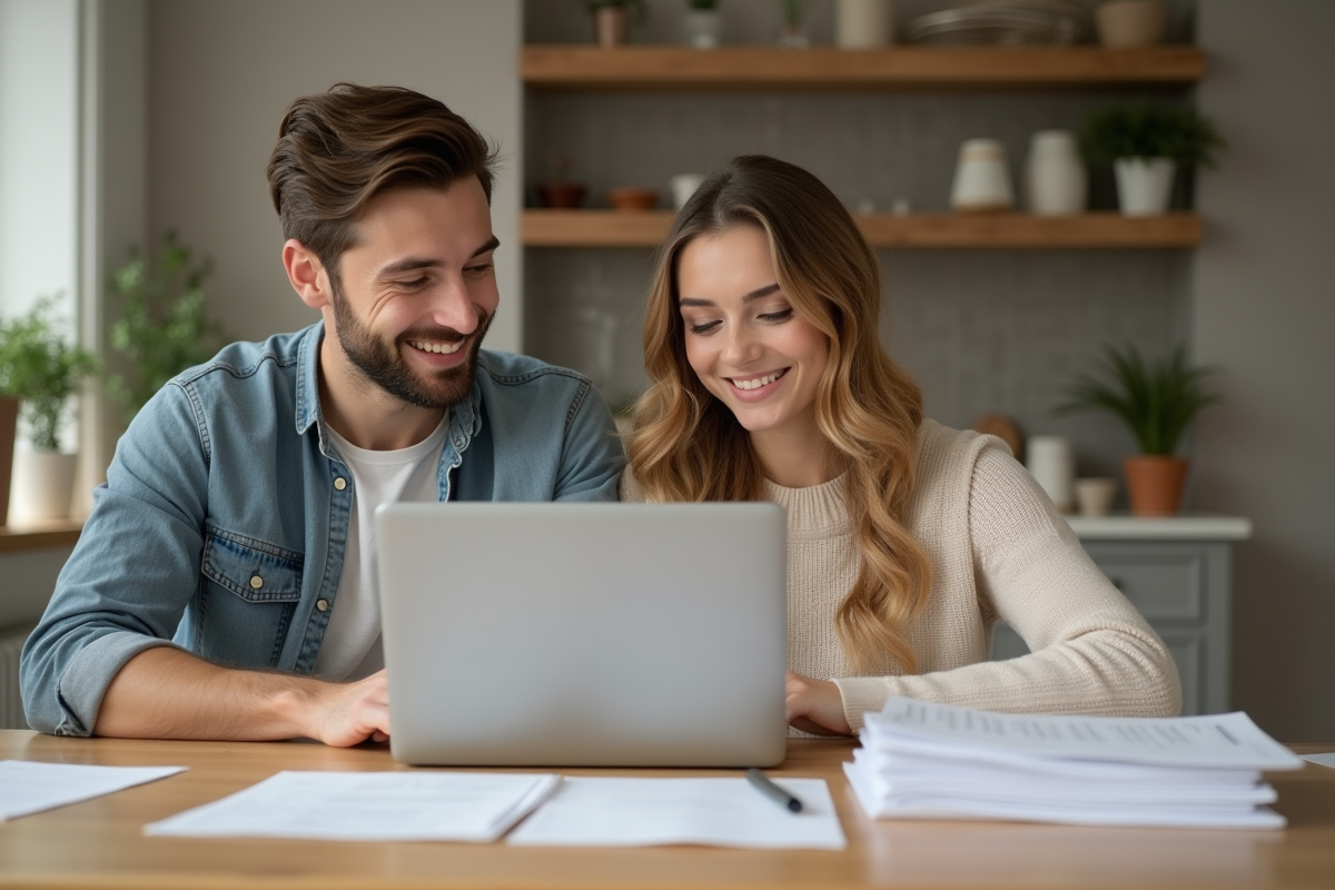 Couple souriant à la maison avec documents et ordinateur