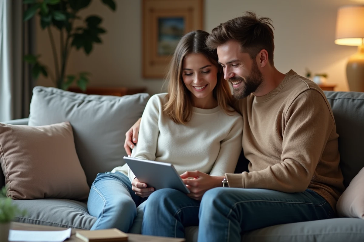 Couple planifiant ensemble les dates de versement CAF 2026 sur une tablette dans le salon