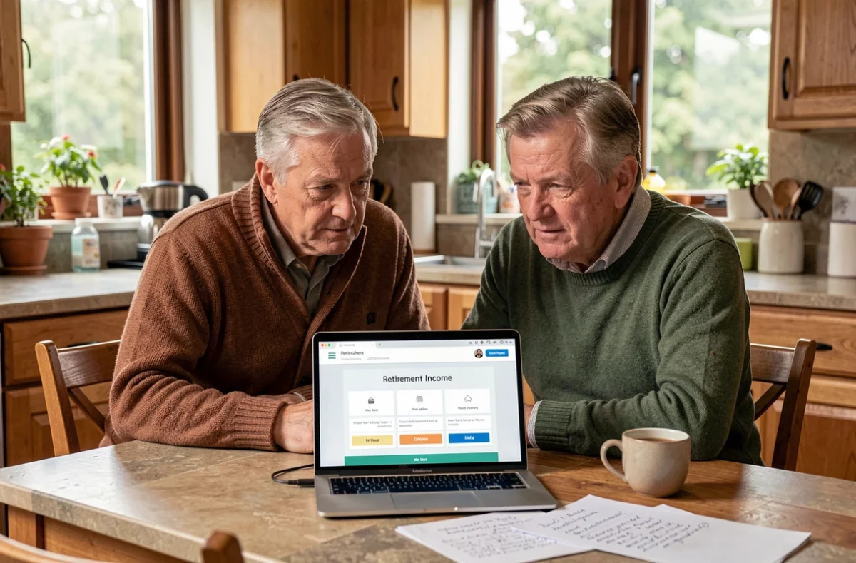 Couple en fin de carrière planifiant ensemble la transition salariale vers la retraite avec un simulateur de pension sur ordinateur portable à la maison