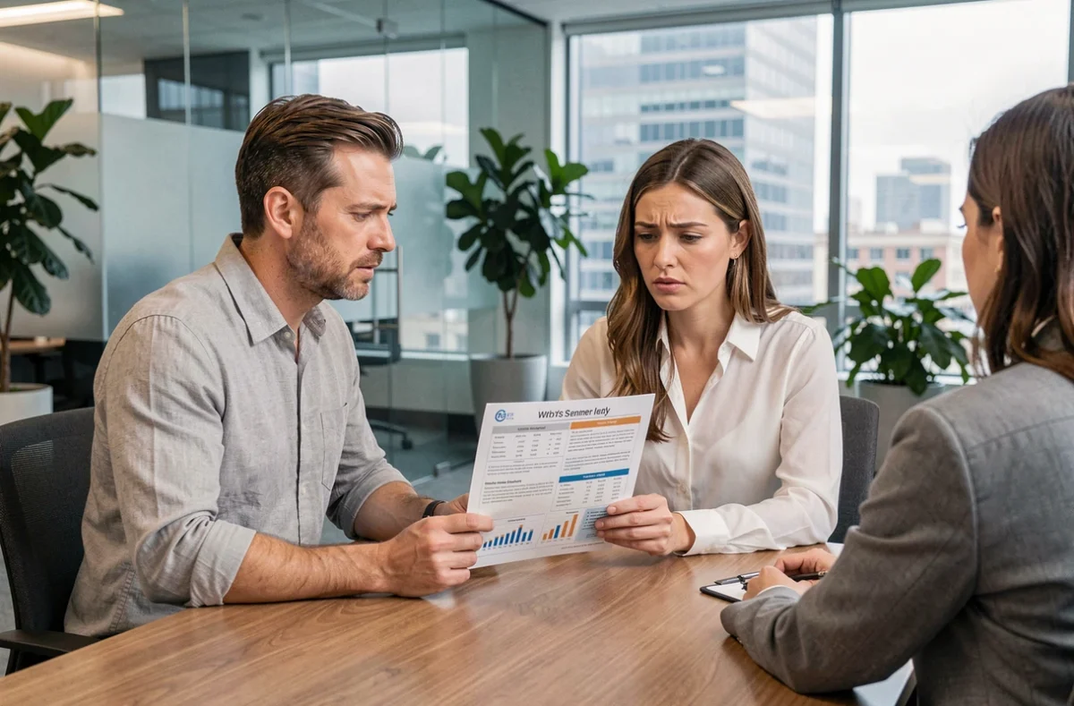 Couple en rendez-vous bancaire pour comparer les offres d'assurance de prêt immobilier