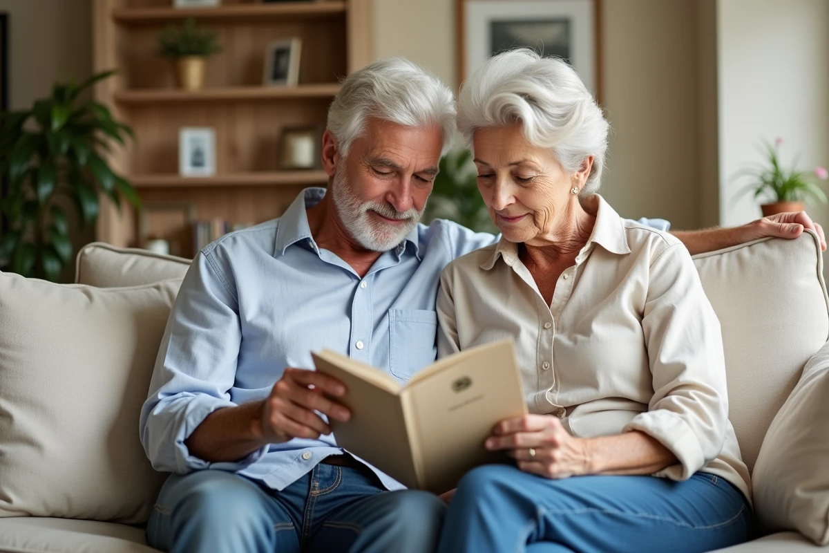 Couple de seniors lisant attentivement leur contrat d'assurance Pacifica Crédit Agricole dans leur salon