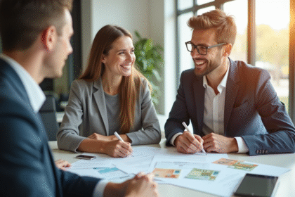 Jeune couple souriant signant un contrat de prêt avec un conseiller