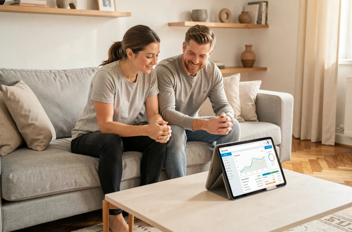 Couple consultant ensemble leur compte bancaire LCL sur tablette dans un salon contemporain