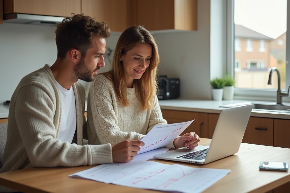 Couple étudiant les taux de crédit immobilier autour d'une table dans une cuisine moderne
