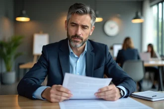 Courtier en assurance professionnel consultant des contrats AXA dans un bureau moderne