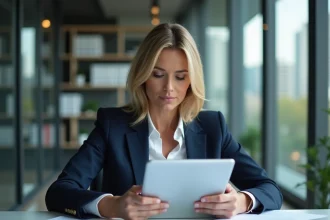Courtière en assurances consultant des documents professionnels dans un bureau moderne