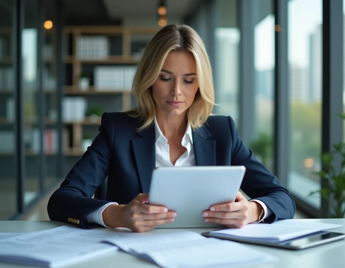 Courtière en assurances consultant des documents professionnels dans un bureau moderne