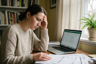 Créatrice de contenu stressée face à des documents comptables et fiscaux sur son bureau à domicile