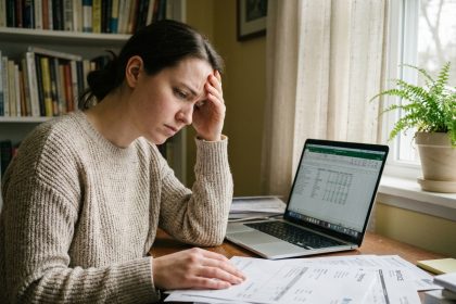 Créatrice de contenu stressée face à des documents comptables et fiscaux sur son bureau à domicile