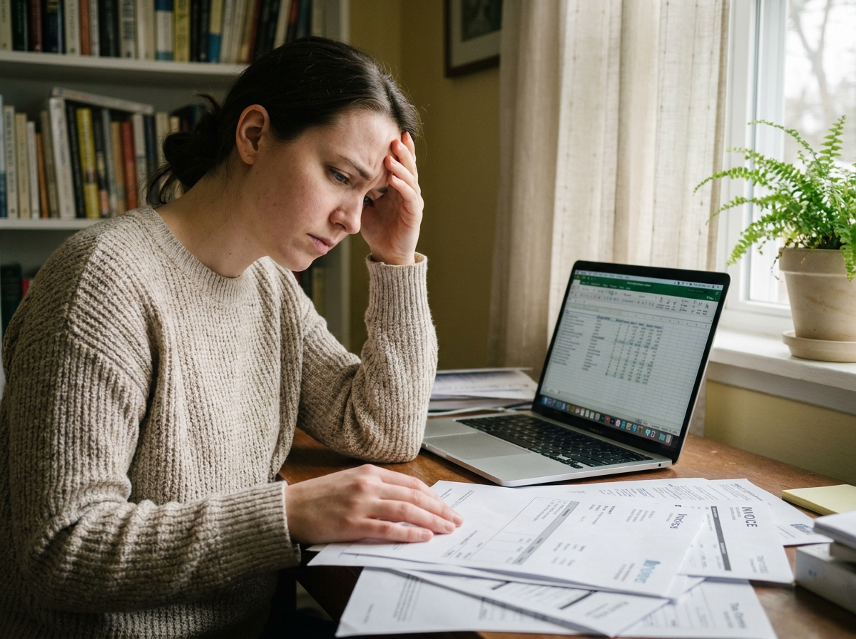 Créatrice de contenu stressée face à des documents comptables et fiscaux sur son bureau à domicile