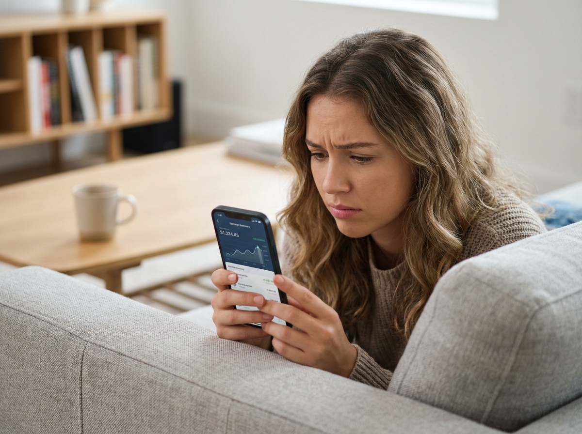 Jeune créatrice de contenu inquiète consultant ses revenus sur smartphone sans accompagnement comptable