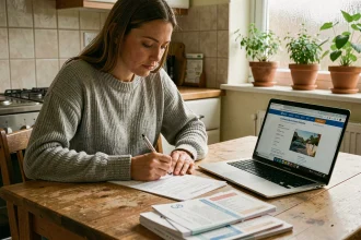 Femme remplissant un dossier CAF avec des fiches de paie et un ordinateur portable sur une table de cuisine en bois