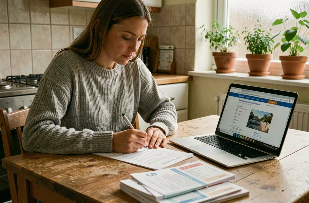 Femme remplissant un dossier CAF avec des fiches de paie et un ordinateur portable sur une table de cuisine en bois