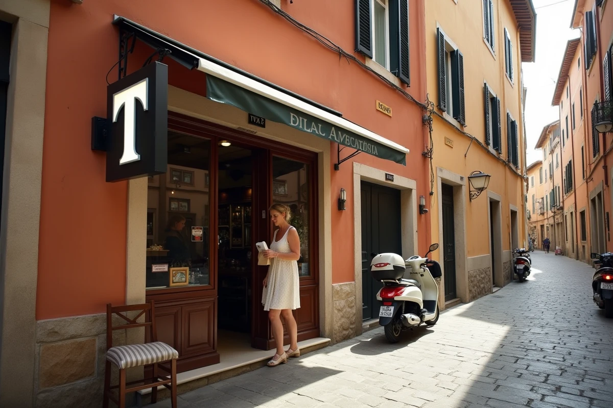 Devanture d'une tabaccheria italienne avec enseigne T emblématique dans une rue typique d'Italie
