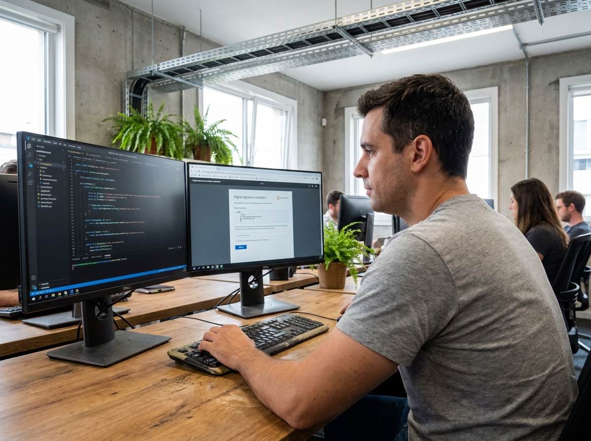 Développeur intégrant une API de signature électronique Youtrust sur un poste de travail double écran dans un open space tech