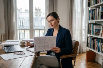 Femme consultant un diagnostic immobilier dans un appartement parisien avec parquet en chevrons et vue sur toits haussmanniens