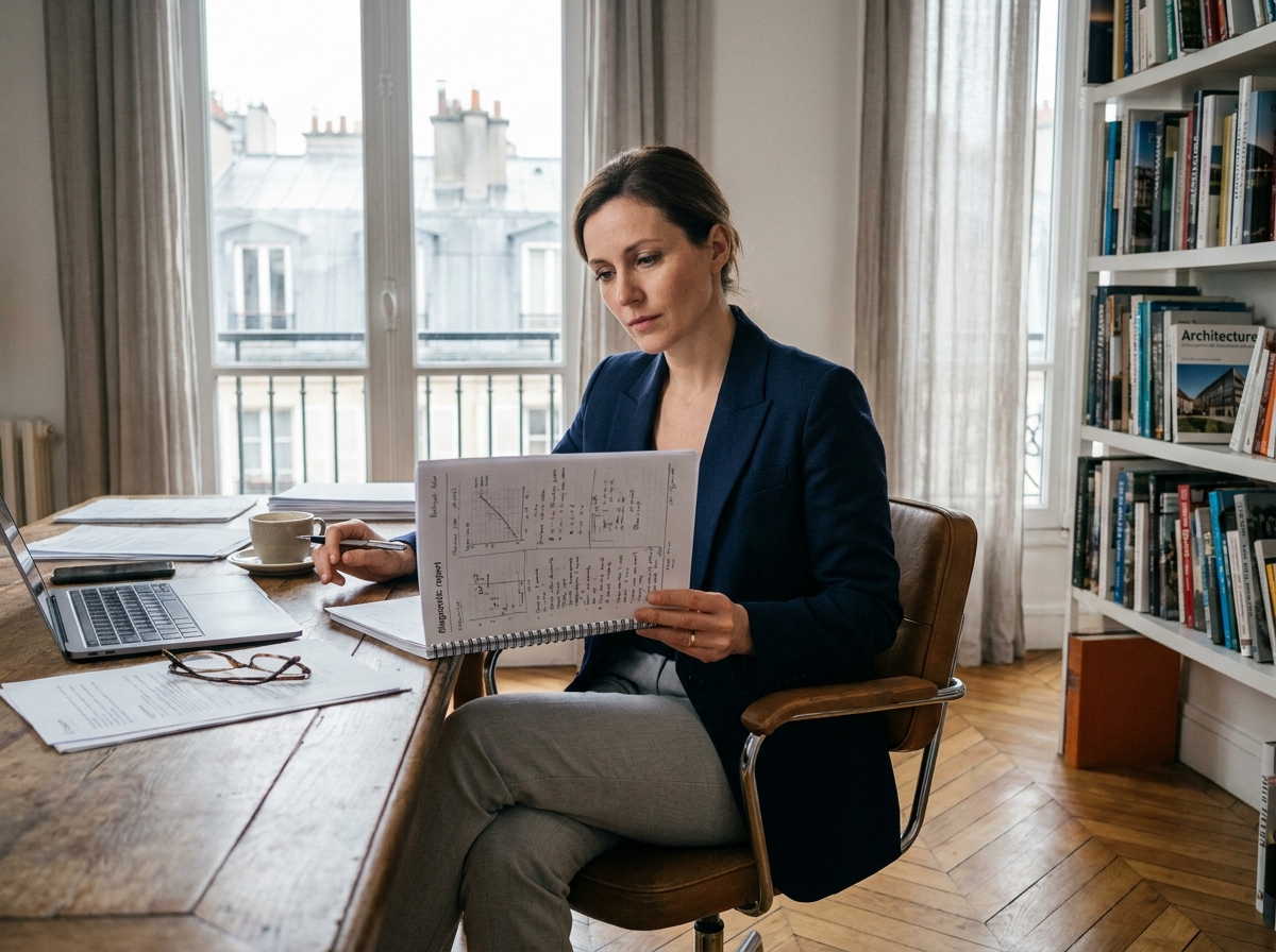 Femme consultant un diagnostic immobilier dans un appartement parisien avec parquet en chevrons et vue sur toits haussmanniens