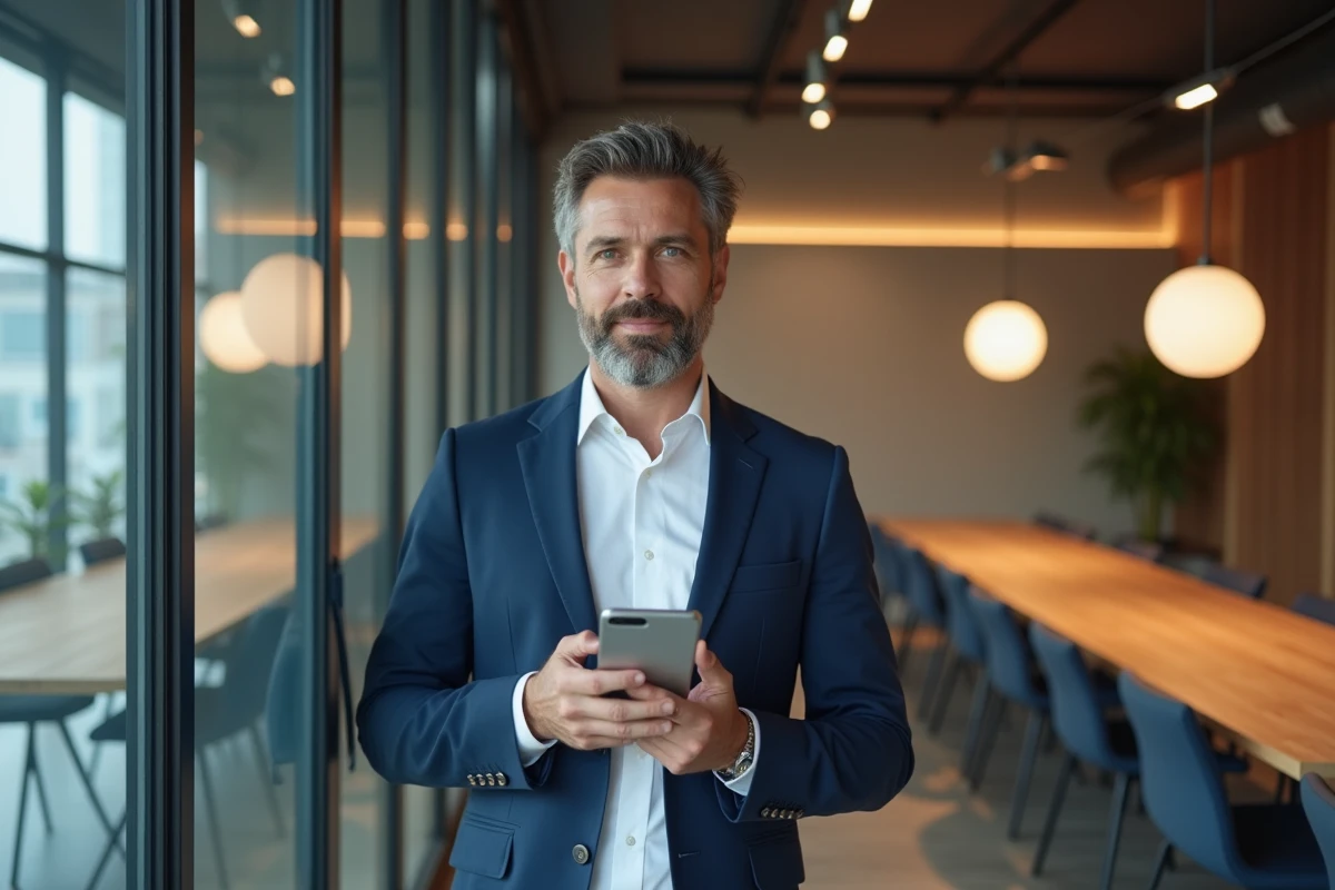 Chef d'une petite entreprise consultant son application bancaire OLINDA dans un espace de co-working contemporain
